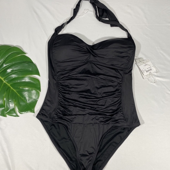 NWT Liz Claiborne [ 16W ] Sweetheart‎ Halter One Piece Swimsuit Black - Picture 3 of 12